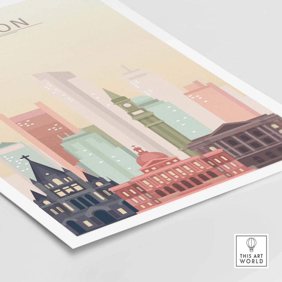 Boston Skyline Poster showcasing iconic city architecture in warm pastel tones, perfect for home or office decor.