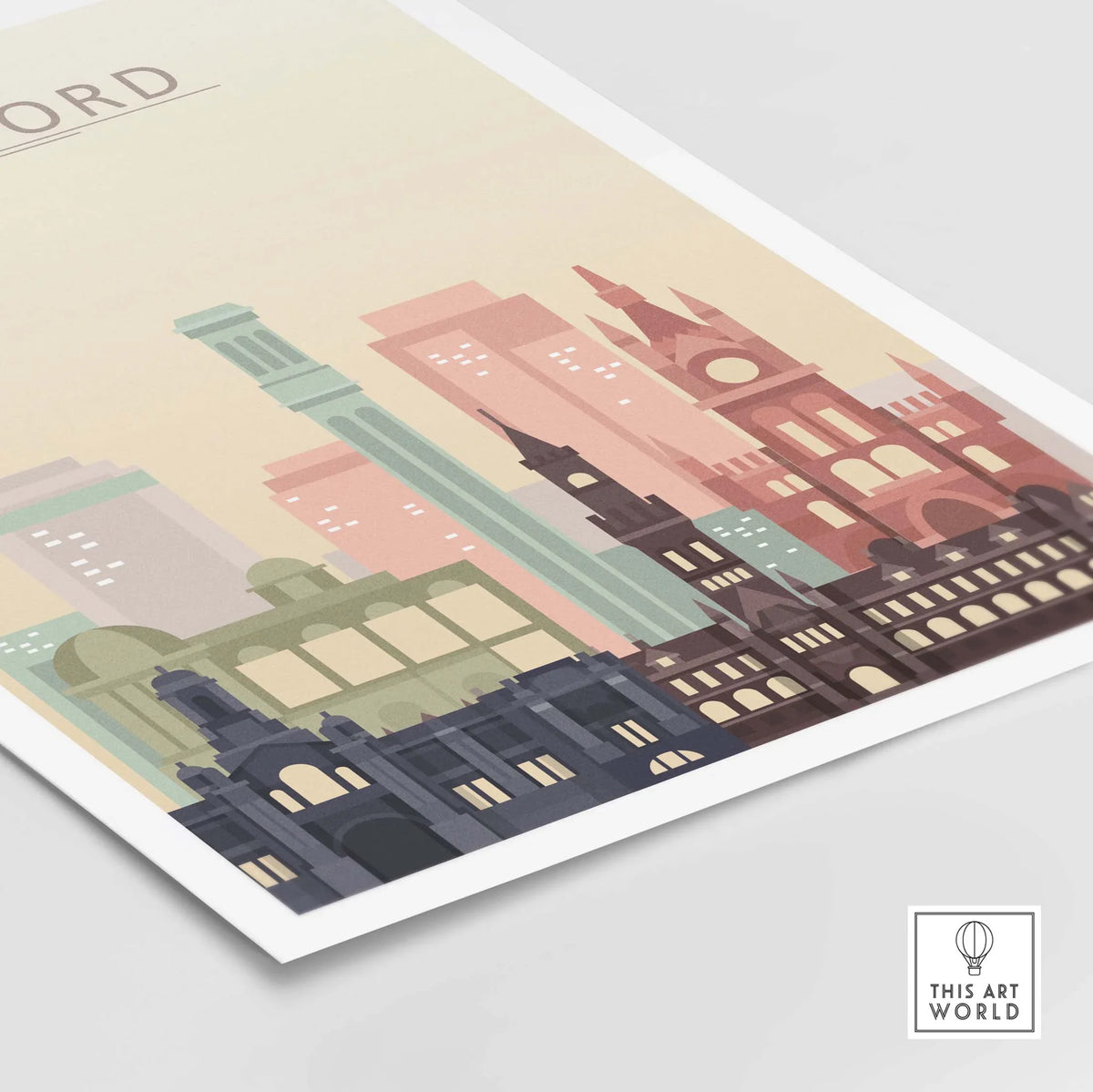 Bradford city skyline poster in pastel colors showcasing iconic architecture for stylish wall art.