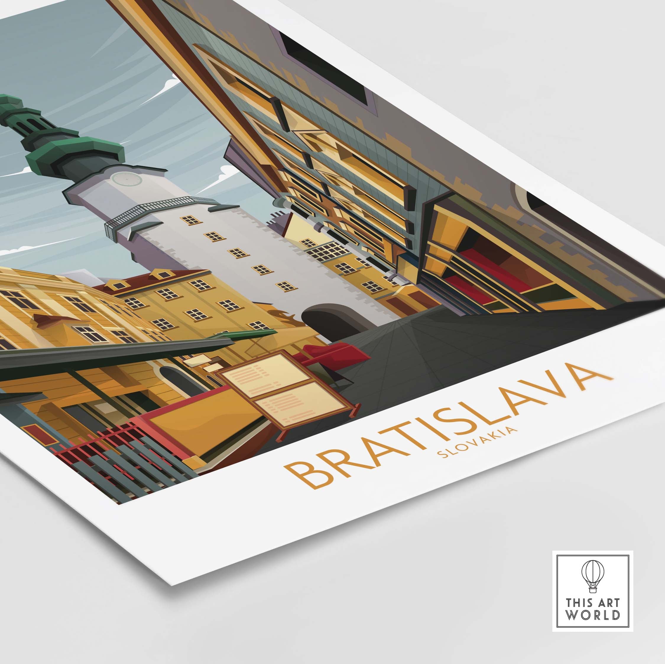 Bratislava Art Print featuring a minimalist design of the cityscape, capturing wanderlust and travel nostalgia.