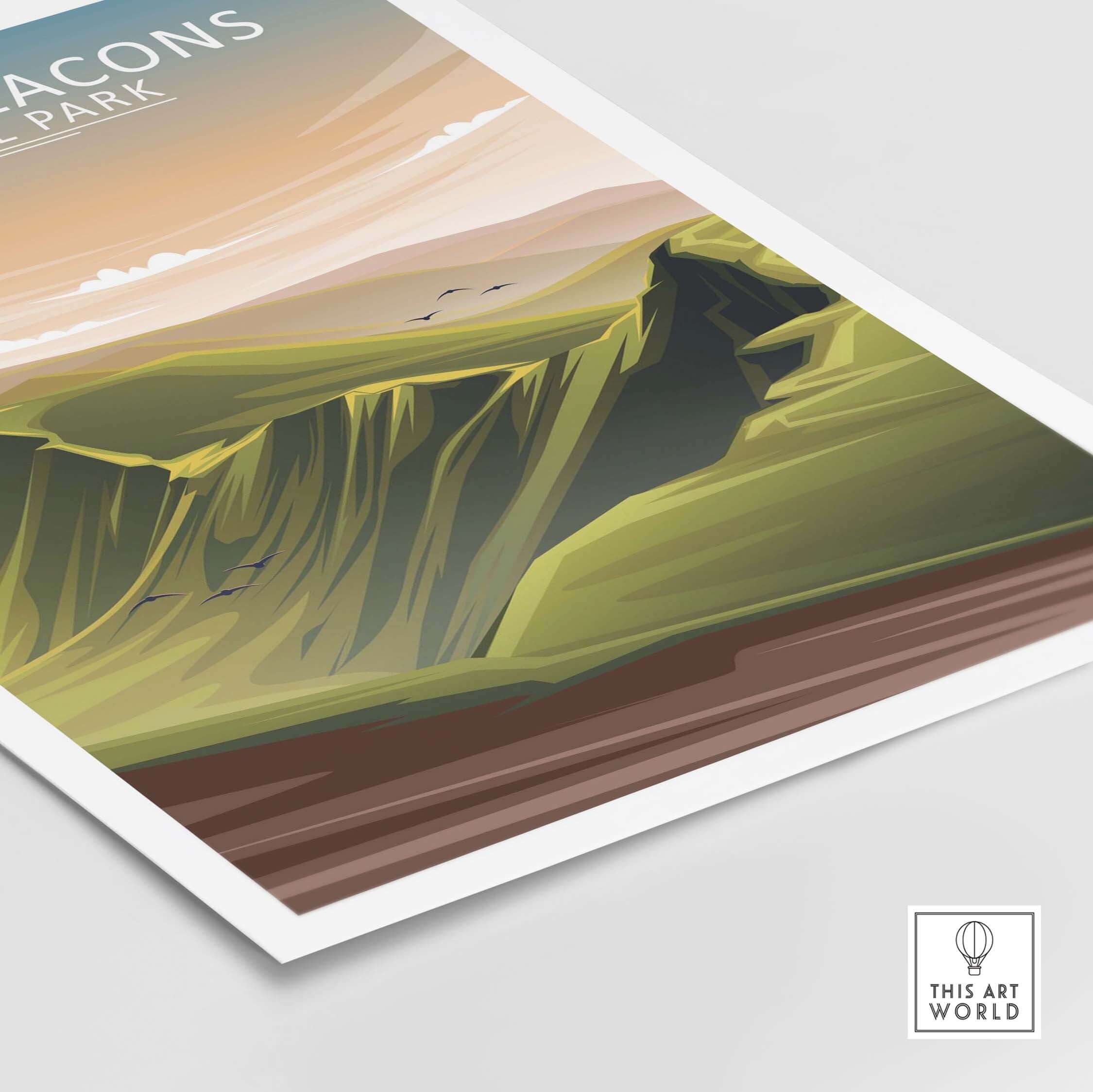 Brecon Beacons National Park poster featuring minimalist landscape design and vibrant green hills.
