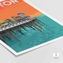 Brighton vintage print poster wall art featuring Brighton Pier with vibrant colors and retro design.