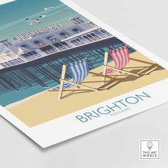 Brighton Print travel poster featuring Brighton Pier and striped deck chairs, perfect for stylish wall art.
