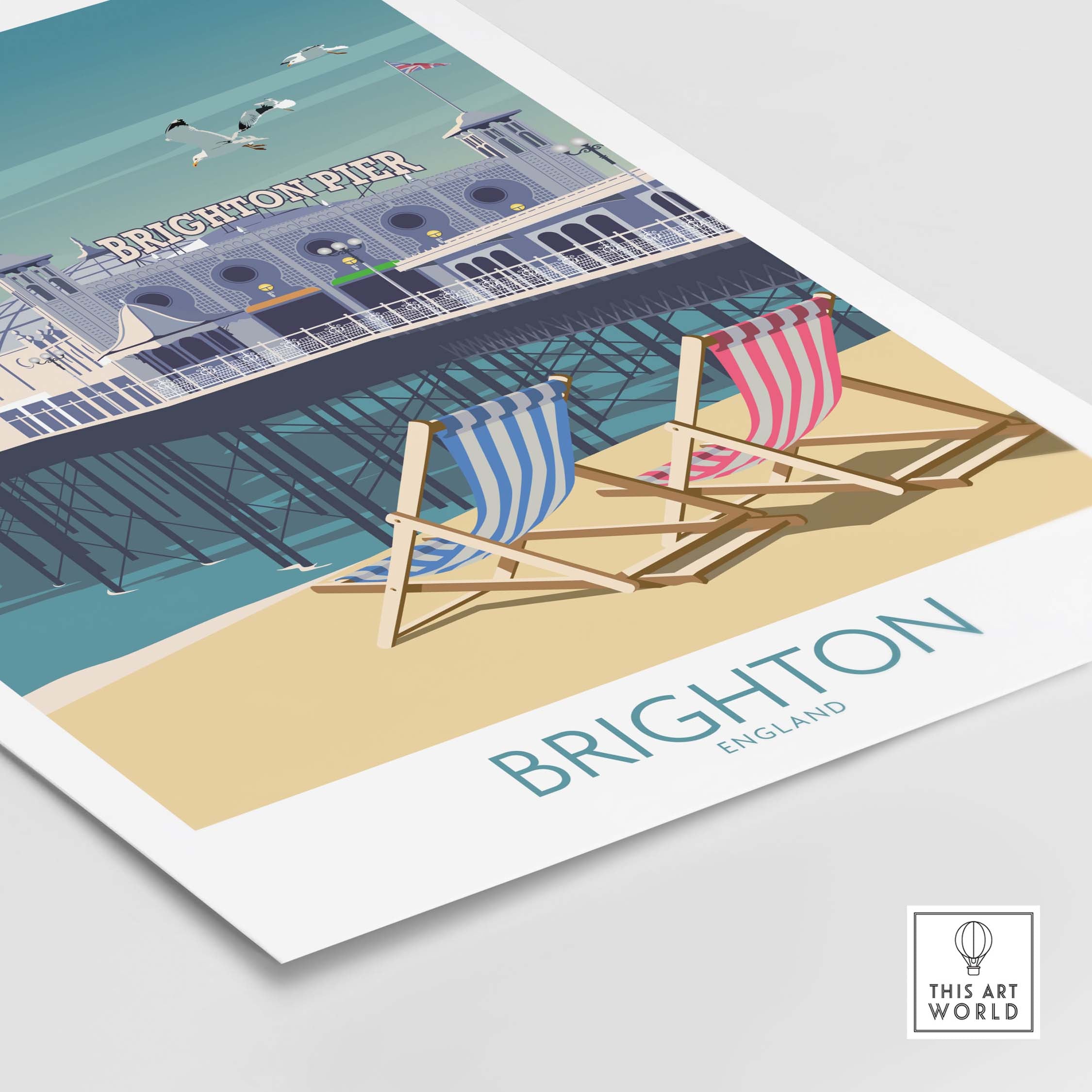 Brighton Print travel poster featuring Brighton Pier and striped deck chairs, perfect for stylish wall art.