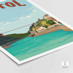 Bristol Print Poster Wall Art featuring Clifton Suspension Bridge over serene blue water, inspired by vintage travel design.