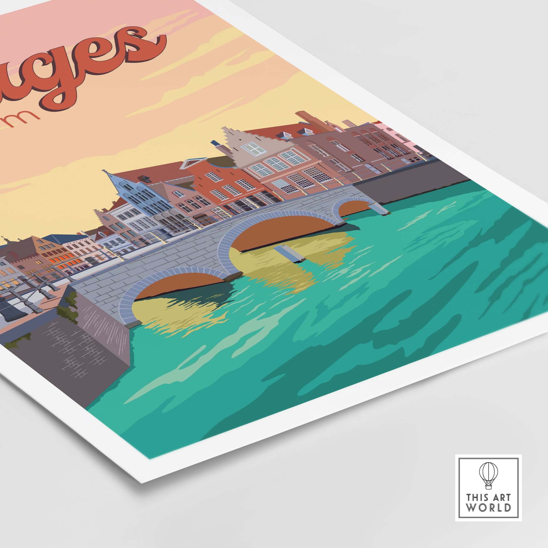 Bruges vintage travel poster featuring the Augustijnenbrug and colorful buildings by the water.