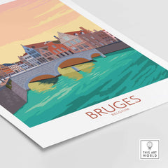 Bruges Belgium vintage travel poster showcasing scenic canal with colorful buildings and sunset backdrop.
