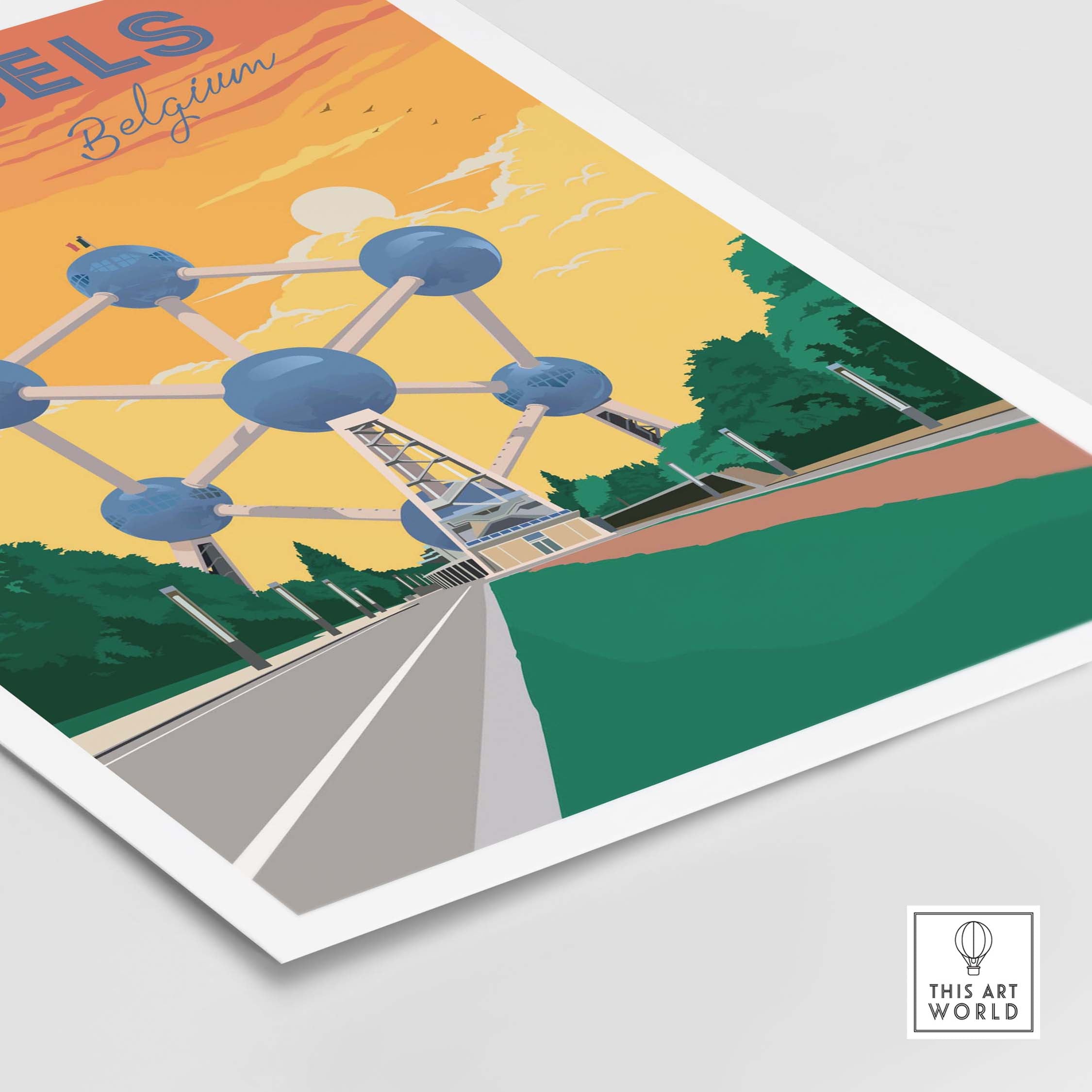 Brussels Print Belgium travel poster featuring the Atomium against a vibrant sunset background.