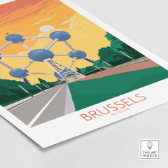 Brussels poster featuring the Atomium monument, showcasing vibrant colors and vintage travel design.