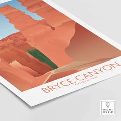 Minimalist Bryce Canyon National Park art print showcasing vibrant red rock formations and green foliage.