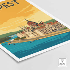 Budapest vintage print poster featuring the iconic Parliament building by the river, perfect for wall art decoration.