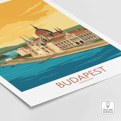 Budapest poster featuring iconic Hungarian Parliament building and scenic waterfront view in vintage style.