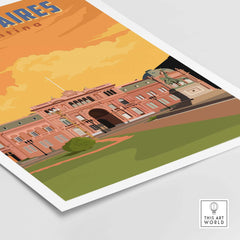 Buenos Aires Print showcasing Casa Rosada against a yellow sky, vintage travel poster art style.