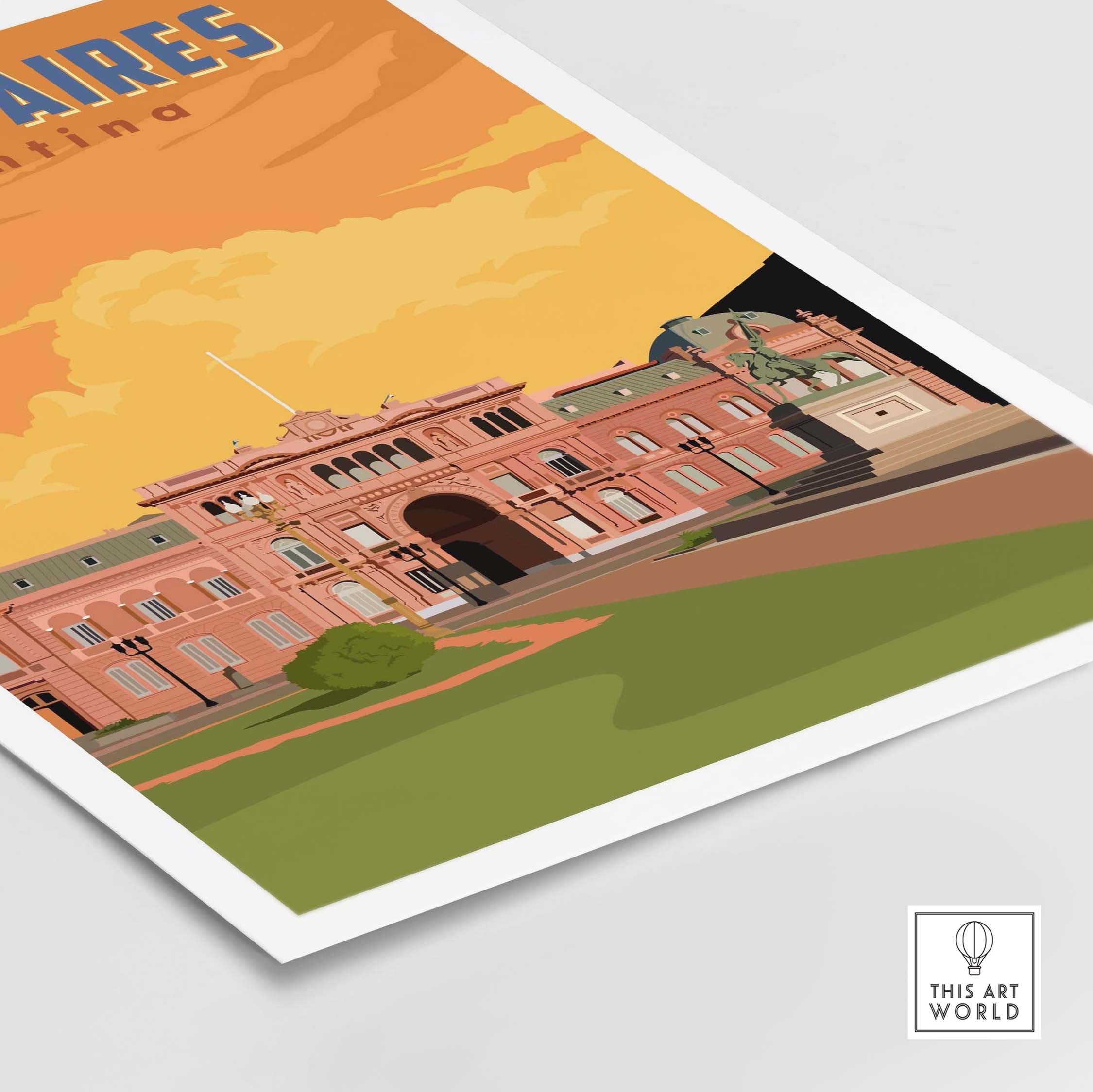 Buenos Aires Print showcasing Casa Rosada against a yellow sky, vintage travel poster art style.