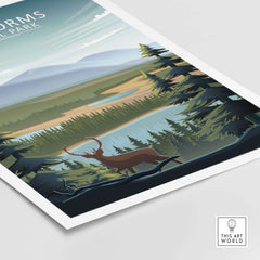 Cairngorms National Park poster featuring a serene landscape and stag silhouette, minimalist design for stylish decor.