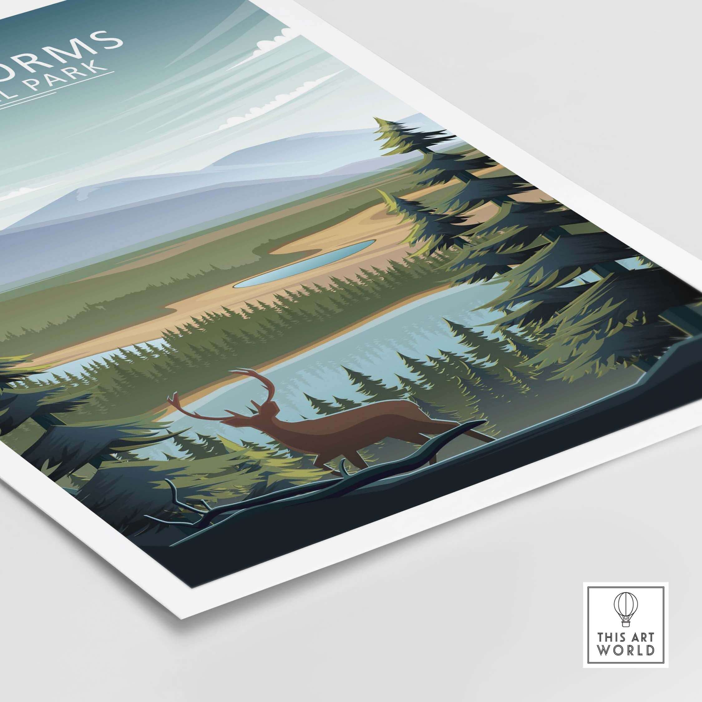 Cairngorms National Park poster featuring a serene landscape and stag silhouette, minimalist design for stylish decor.
