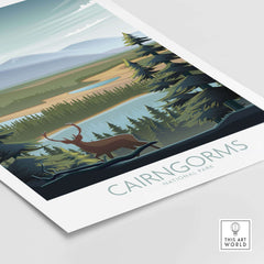Cairngorms National Park art print featuring a scenic landscape and a stag silhouette.