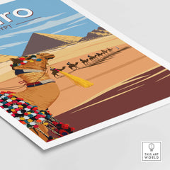Cairo Wall Art Print featuring vibrant vintage design with pyramids and camels, capturing Egyptian travel nostalgia.