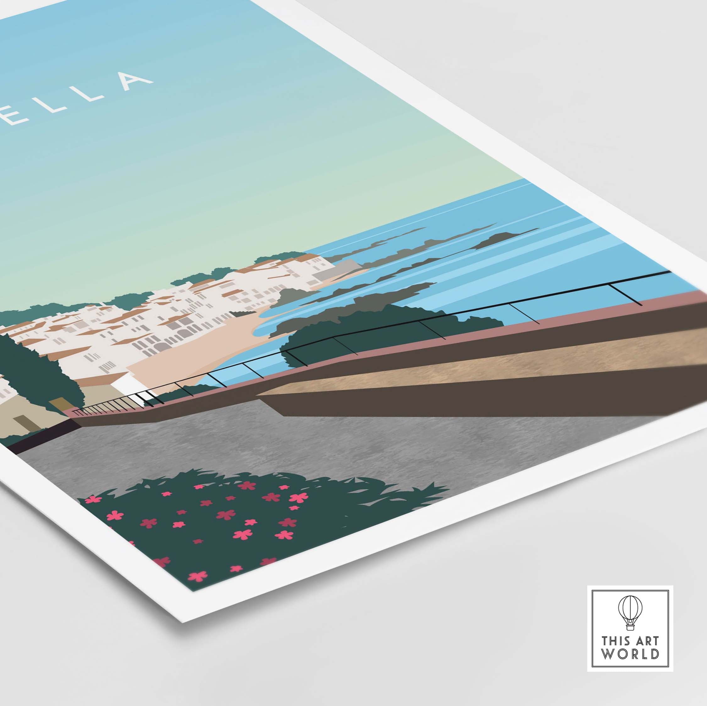 Calella Spain Print Poster featuring a coastal view, perfect for travel lovers and home decor enthusiasts.