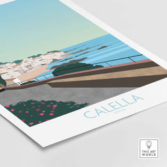 Costa Brava Calella Spain poster featuring a scenic coastal view and vibrant flowers.