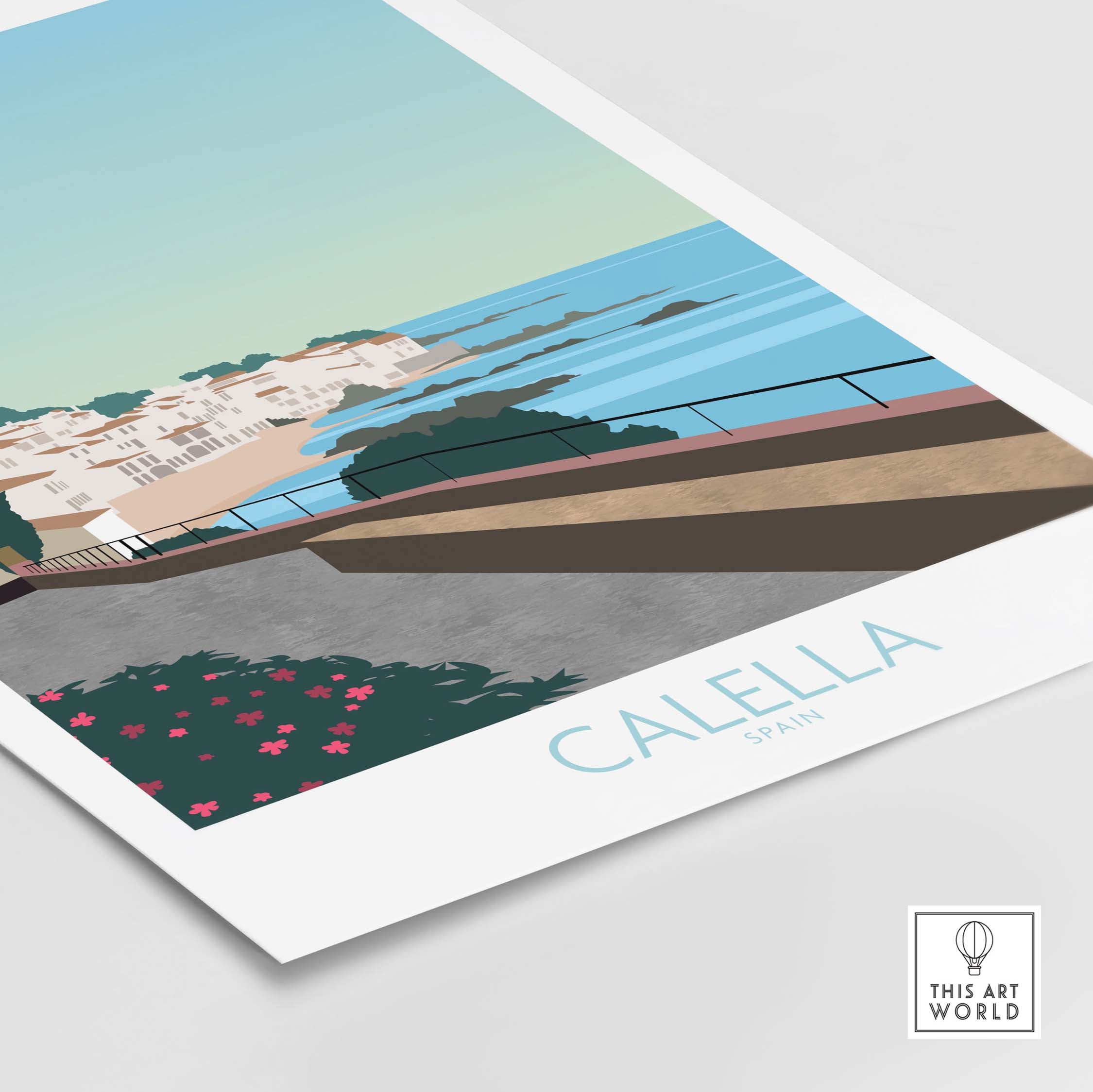 Costa Brava Calella Spain poster featuring a scenic coastal view and vibrant flowers.
