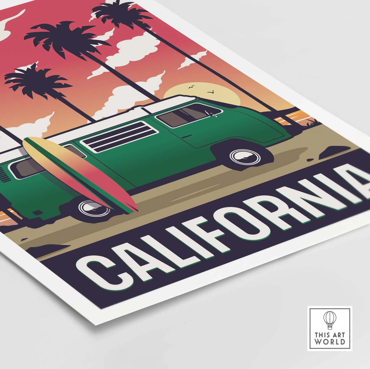 California Poster Wall Art Print featuring a green van, surfboard, and sunset with palm trees.