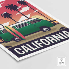 California Poster Wall Art Print featuring a green van, surfboard, and sunset with palm trees.