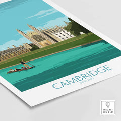 Vintage-style Cambridge travel art print featuring King's College and paddleboarders on the river.