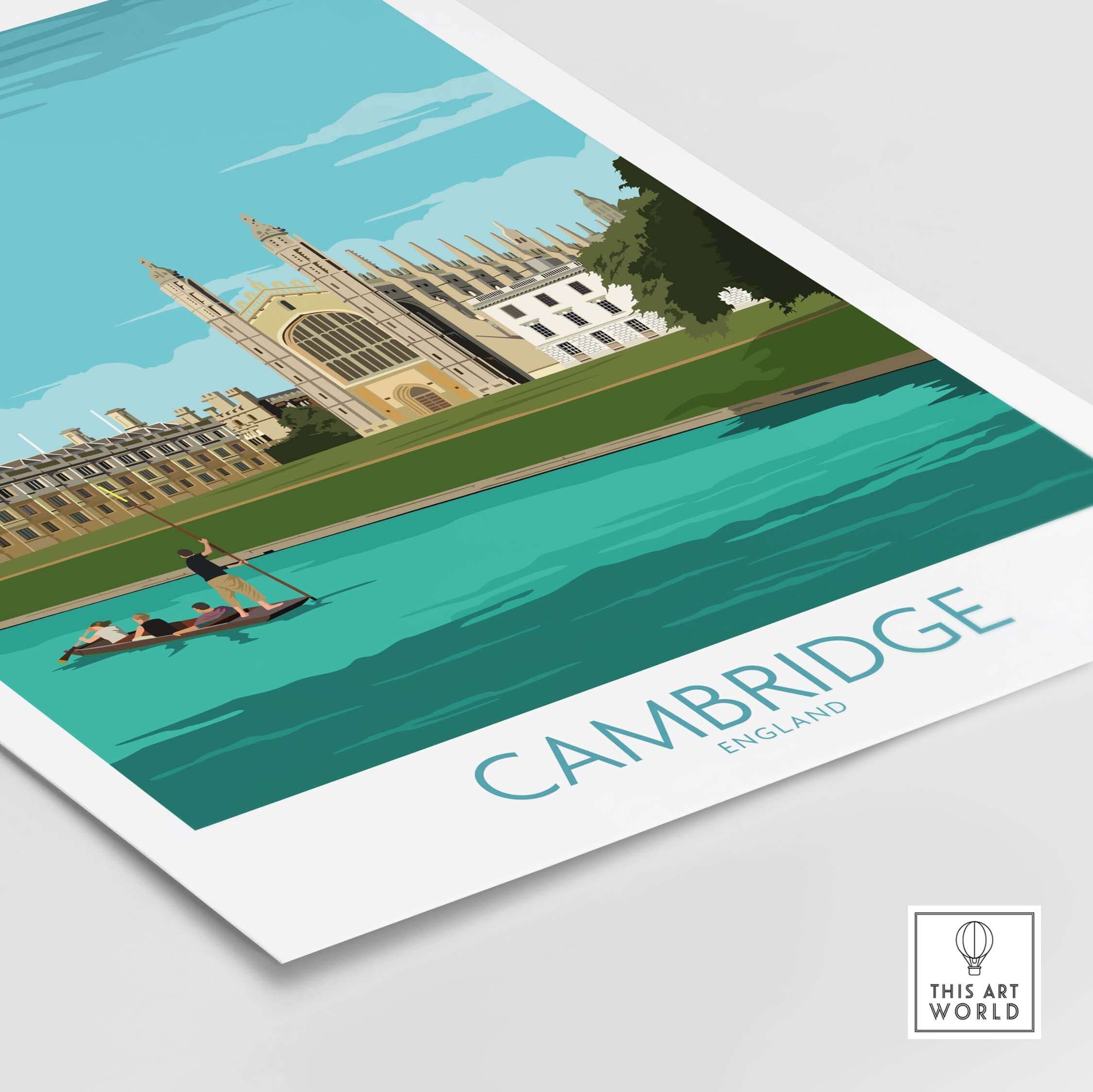 Vintage-style Cambridge travel art print featuring King's College and paddleboarders on the river.