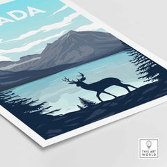 Canada Poster Wall Art Print featuring a silhouette of a deer against a scenic landscape of mountains and lake.