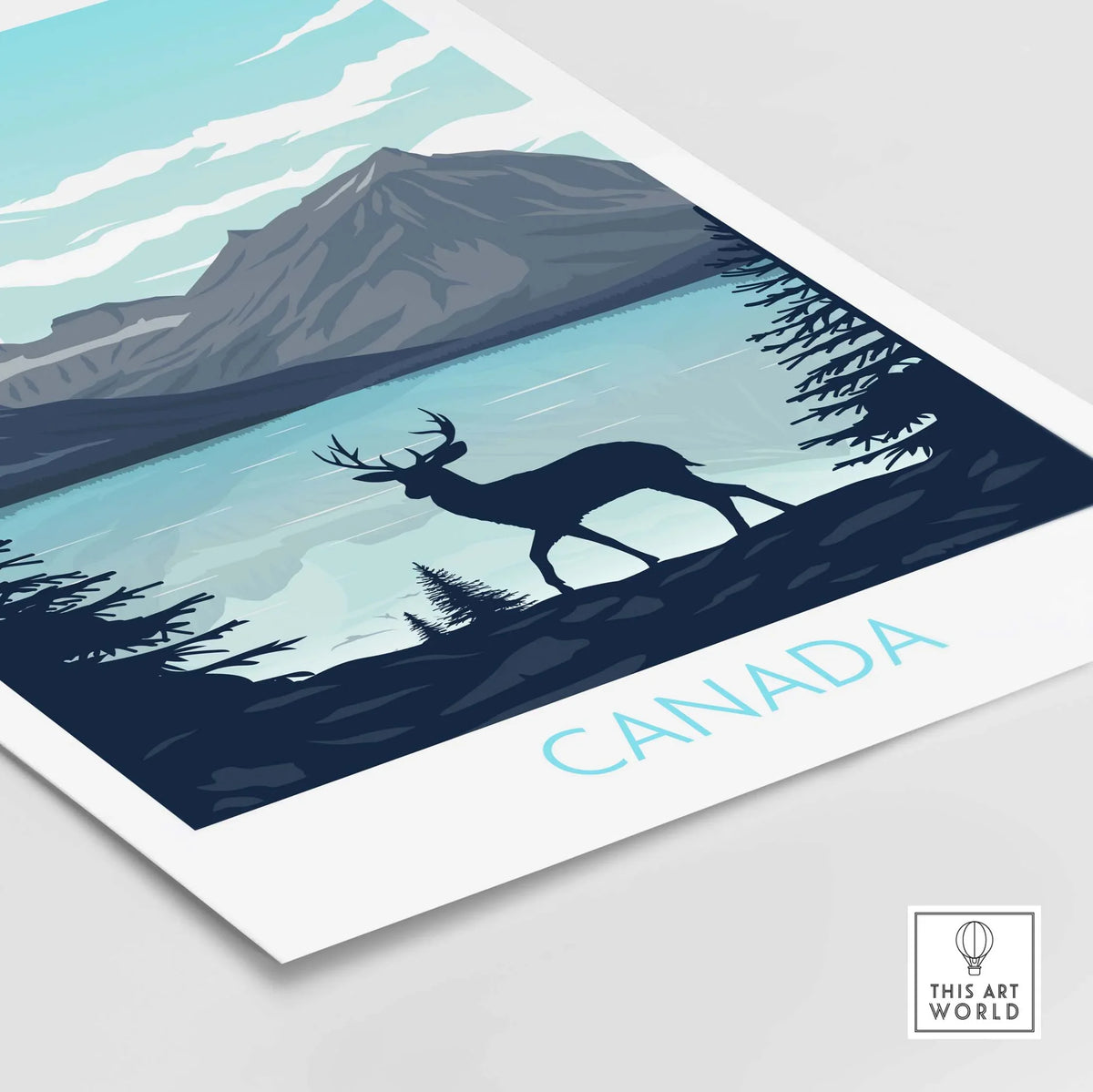 Canada travel poster print featuring a moose silhouette against a scenic mountain and lake backdrop.
