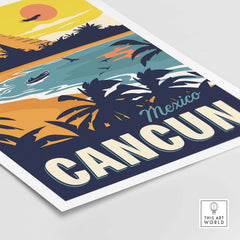 Vibrant Cancun poster wall art print showcasing vintage travel style with sunset and palm trees, perfect for home decor.