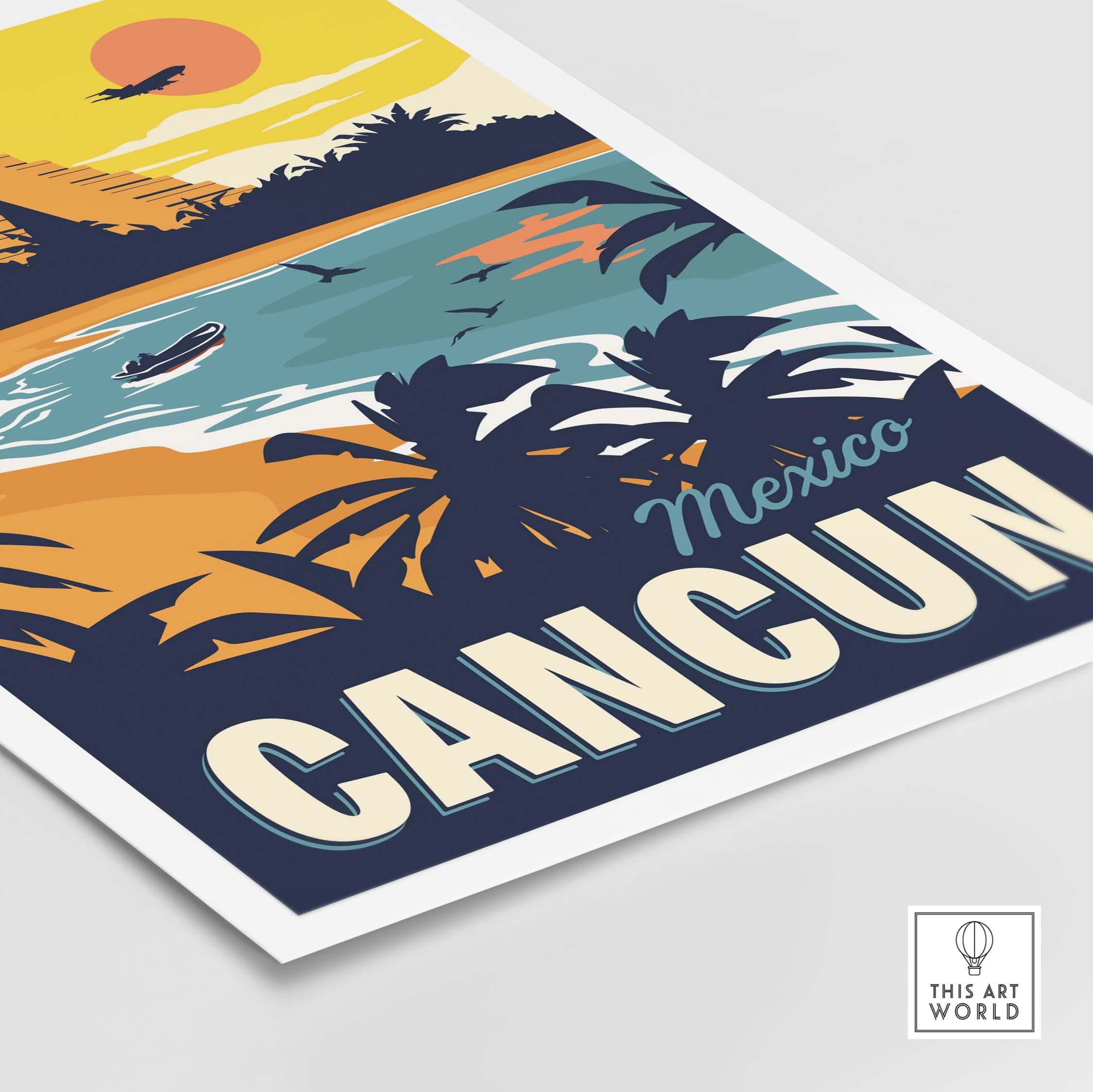 Vibrant Cancun poster wall art print showcasing vintage travel style with sunset and palm trees, perfect for home decor.
