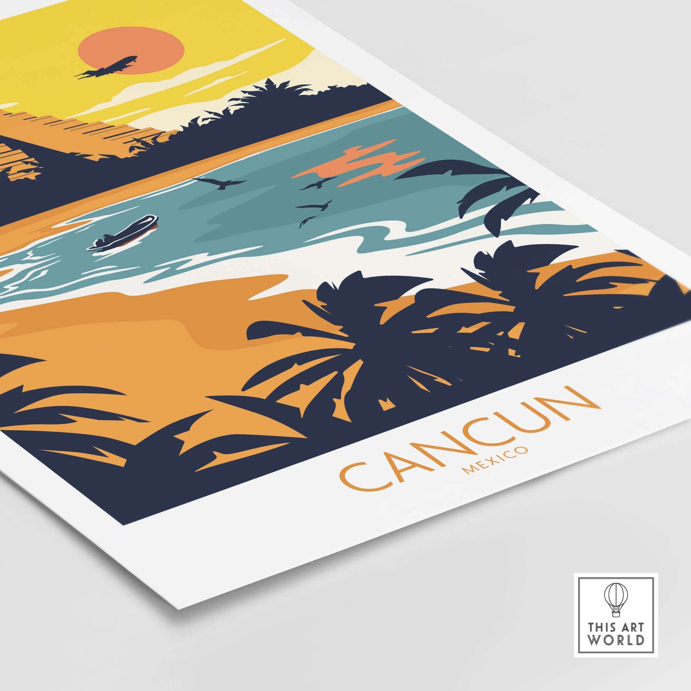 Cancun Travel Poster Print featuring a vibrant beach scene with palm trees and sunset colors.