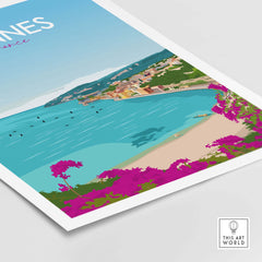 Cannes Poster France Print featuring a serene beach view, inspired by vintage travel art in a minimalist style.