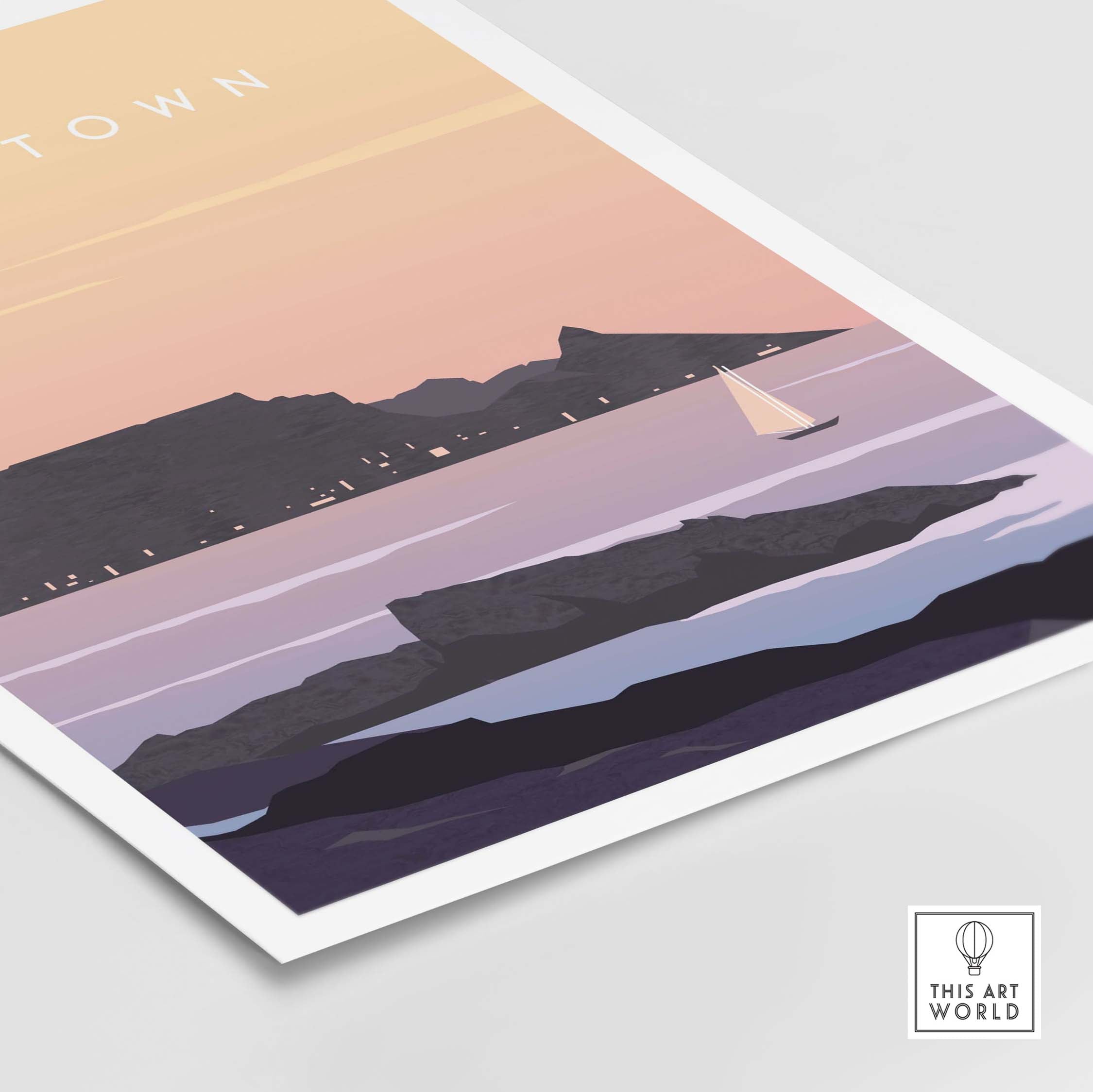 Cape Town Print Wall Art Poster featuring a sailboat and scenic landscape in soft pastel colors.