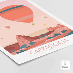 Cappadocia Print showcasing hot air balloons over Turkey's landscape, ideal travel wall art for home or office.