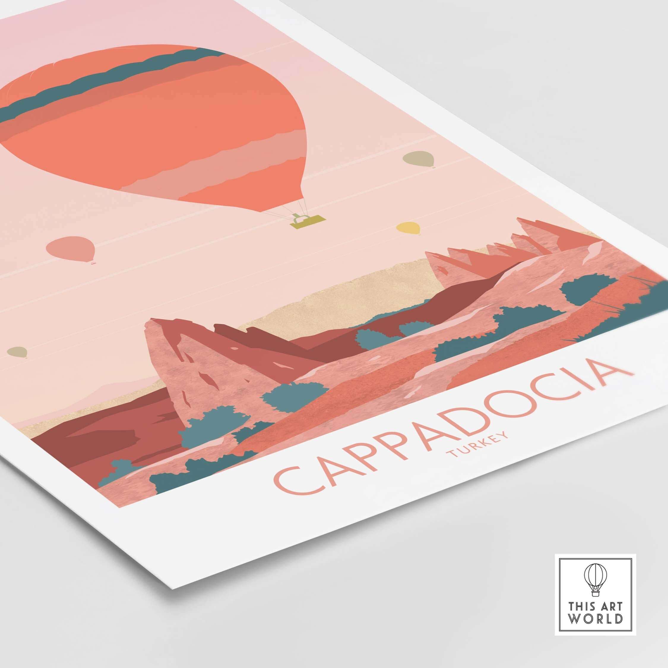 Cappadocia Print showcasing hot air balloons over Turkey's landscape, ideal travel wall art for home or office.