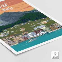 Capri Italy poster print wall art featuring a coastal landscape with vibrant colors and vintage travel poster style.