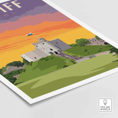 Cardiff Poster Wales Print featuring a castle and vibrant sunset colors, inspired by vintage travel art.