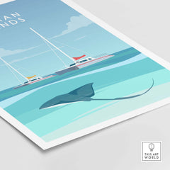 Cayman Islands Poster Print featuring a stingray swimming near a sailboat, showcasing vibrant Caribbean colors.