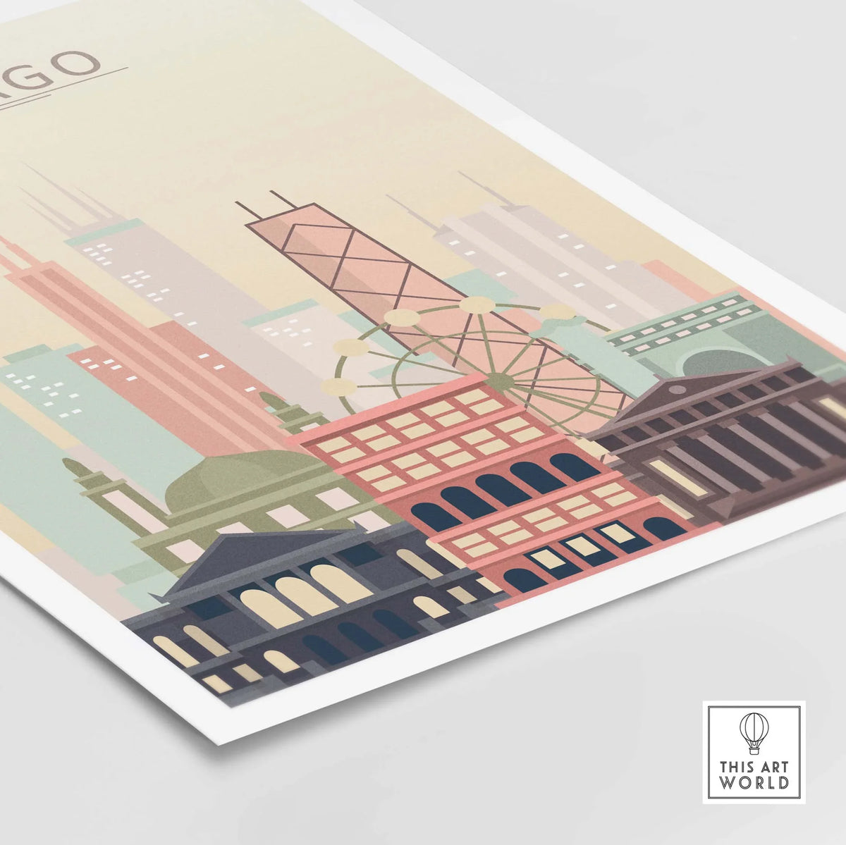 Chicago skyline wall art poster featuring iconic buildings in warm pastel tones, perfect for home or office decor.