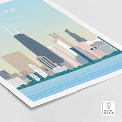 Chicago skyline wall art poster featuring a vintage-inspired design and vibrant colors for stylish home decor.