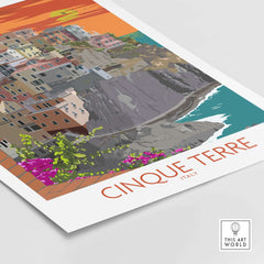Cinque Terre print showcasing colorful houses and coastal scenery with flowers, ideal for travel art decor