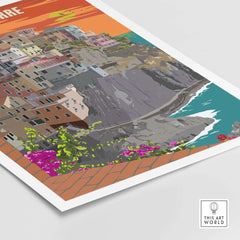 Cinque Terre Italy vintage travel poster print featuring colorful coastal village and sunset decor for home or office.