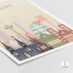 Cologne skyline print showcasing iconic architecture in soft pastel colors, perfect for wall art decor.