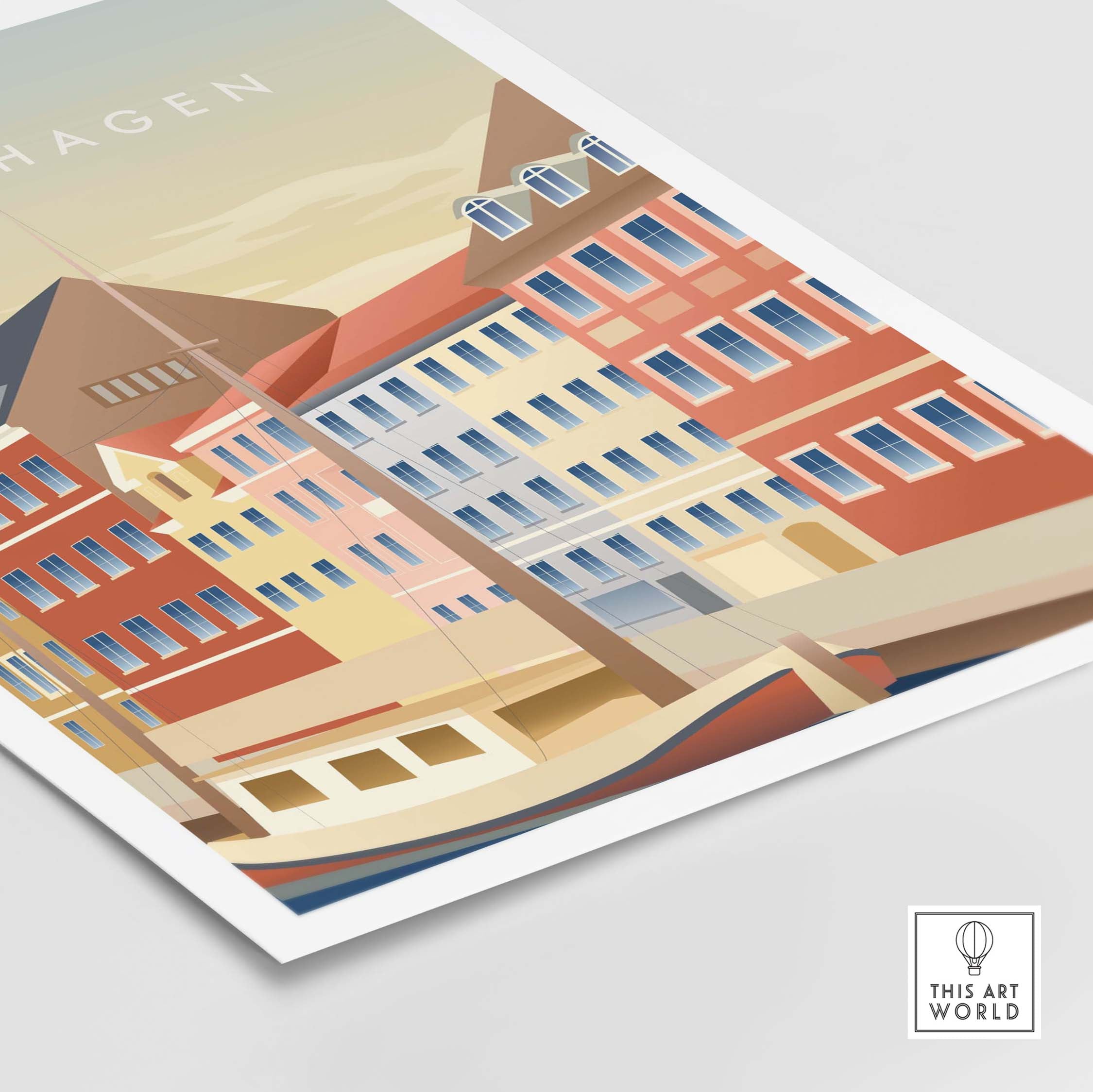 Copenhagen Wall Art Poster featuring colorful vintage buildings and a serene waterfront scene, ideal for stylish home decor.