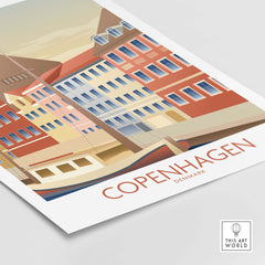 Copenhagen wall art print featuring colorful buildings and vintage design, inspired by Denmark's travel nostalgia.