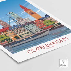 Copenhagen Wall Art Print featuring colorful buildings and a sailboat on the water, inspired by vintage travel posters.