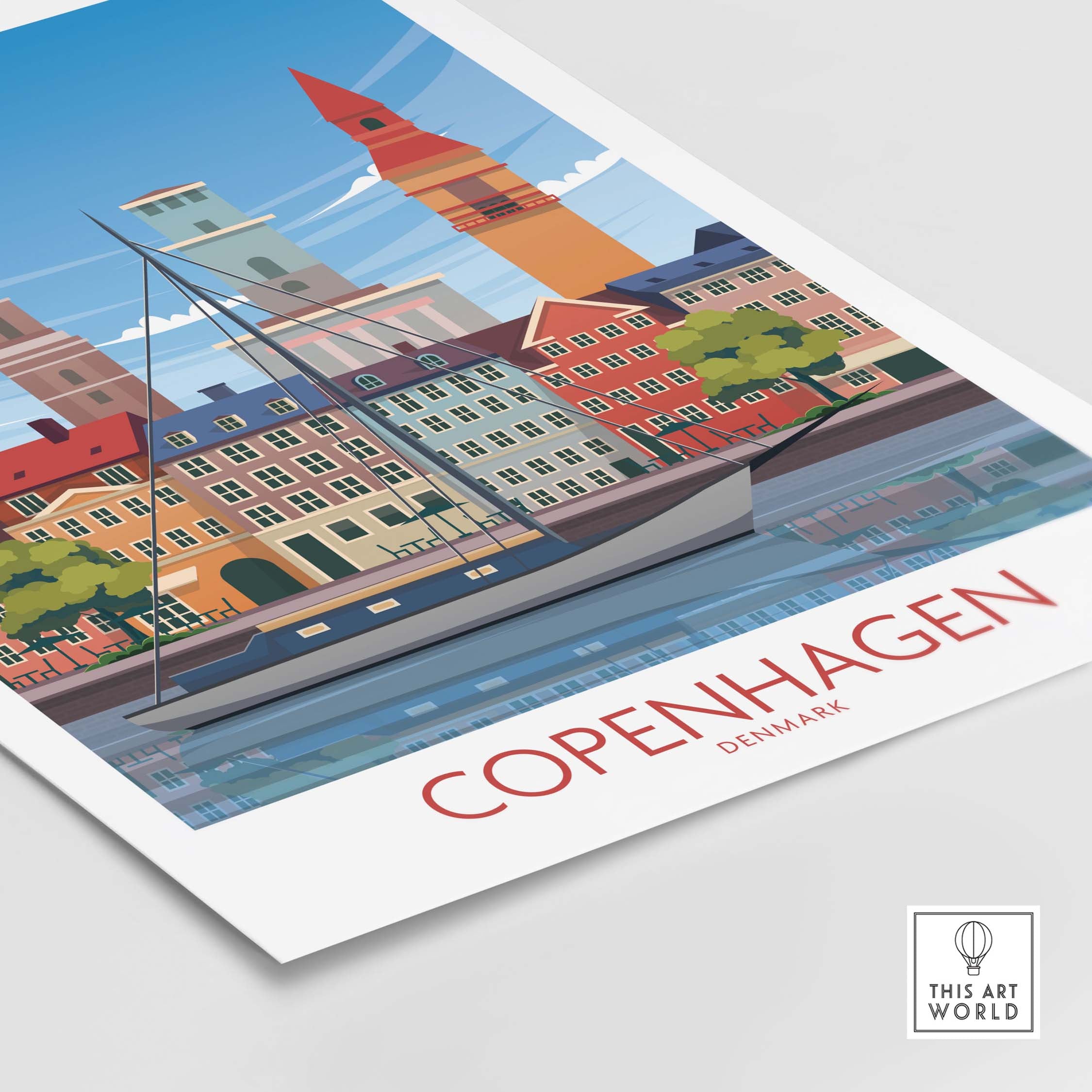 Copenhagen Wall Art Print featuring colorful buildings and a sailboat on the water, inspired by vintage travel posters.