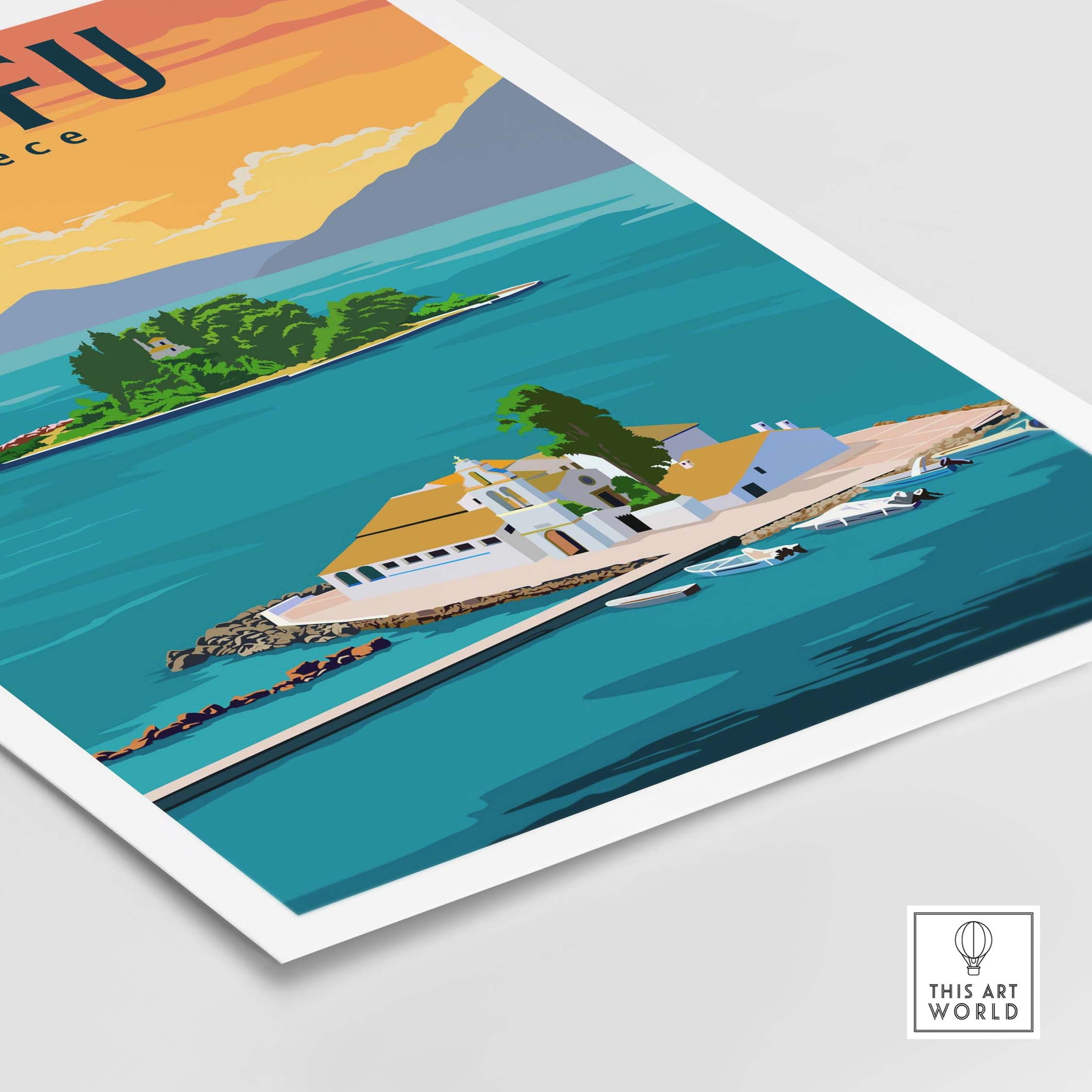 Corfu Print Greece Poster featuring vibrant retro design and serene coastal scenery.